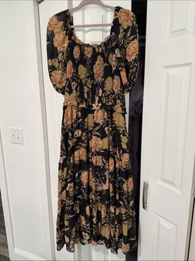 Hayden Black Floral Midi Dress with Puff Sleeves